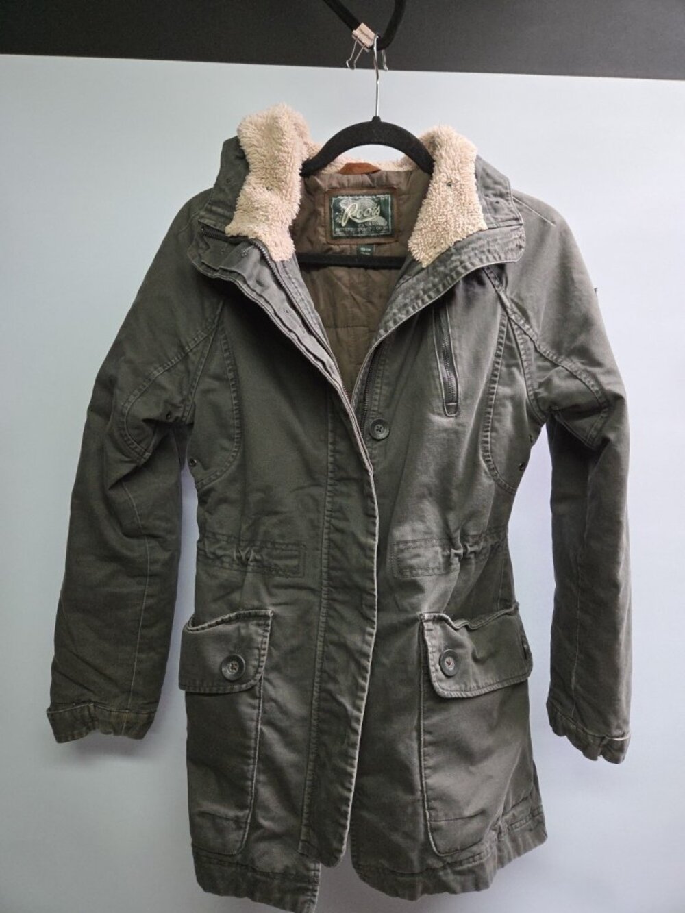 Roots Canada Womens Ladies Zip Button Utility Jacket Coat w/ Sherpa Hood Size XS
